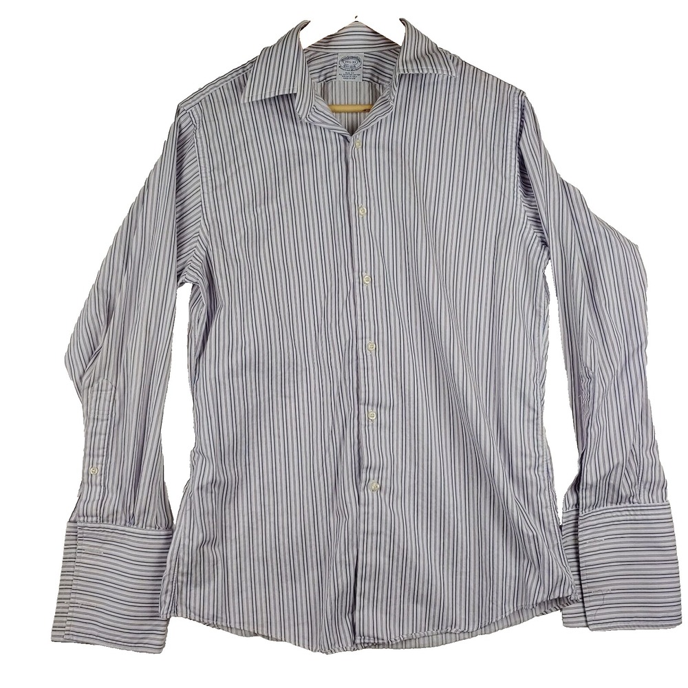 Brooks Brothers Dress Shirt Men 15.5 33 White Purple Stripe Long Sleeve Slim Fit
